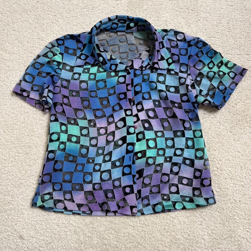Vintage 70s groovy print abstract polka dot short sleeve button up